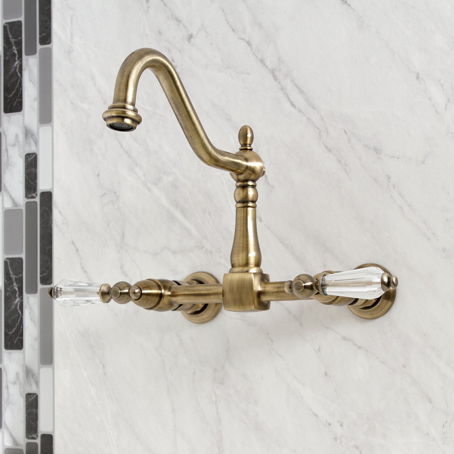 Kingston Heirloom KS1243WLL - Wilshire Two-Handle 2-Hole Wall Mount Bridge Kitchen Faucet, Antique Brass — thumbnail 2